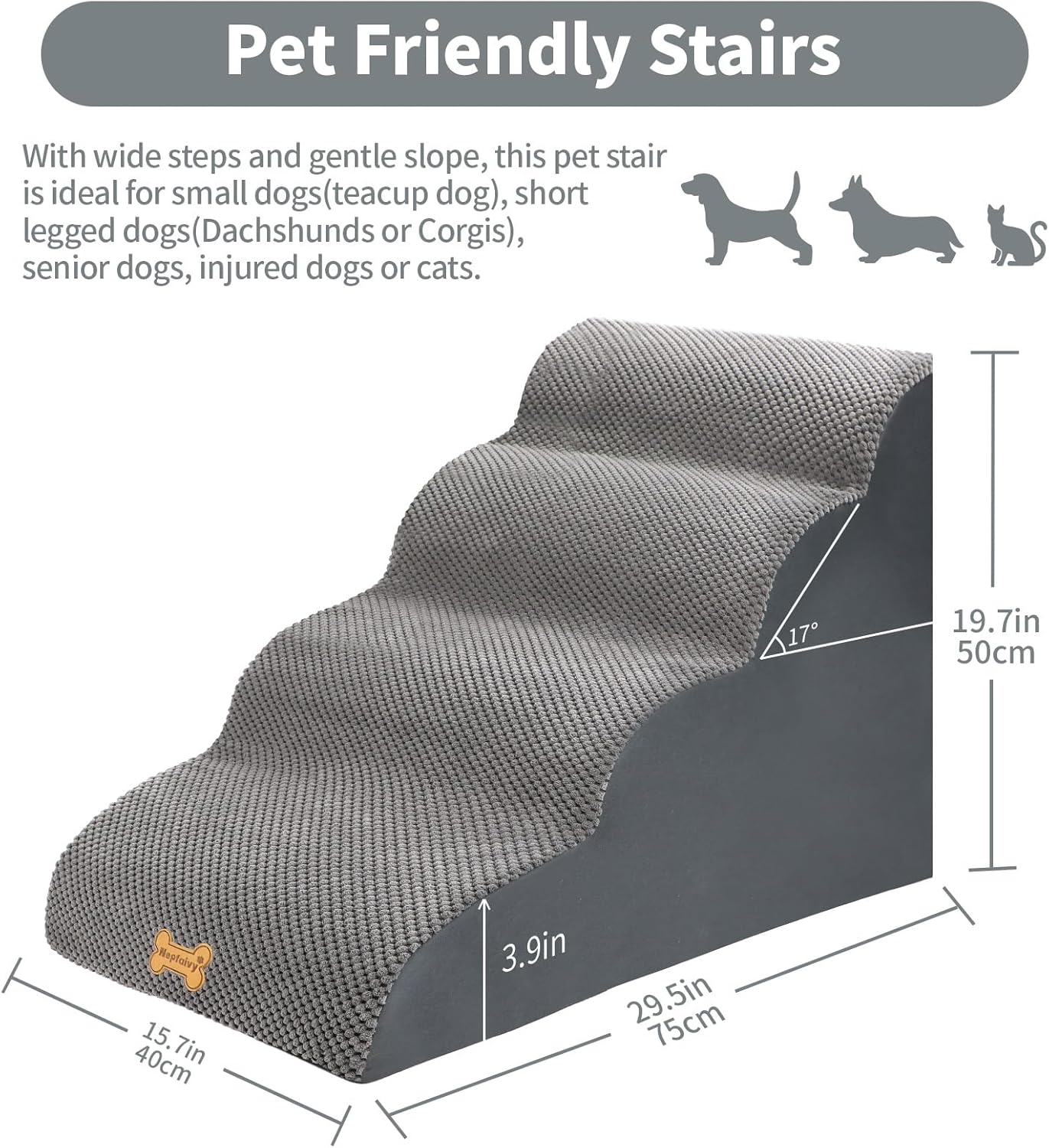 Thumbnail 1 de Nepfaivy 4-Step Dog Steps for Bed with High-Density Foam & Removable Cover (75 x 50 x 40cm)