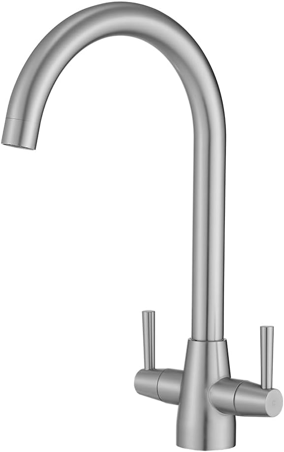 Heable dual lever kitchen mixer tap with swivel spout, brushed nickel finish