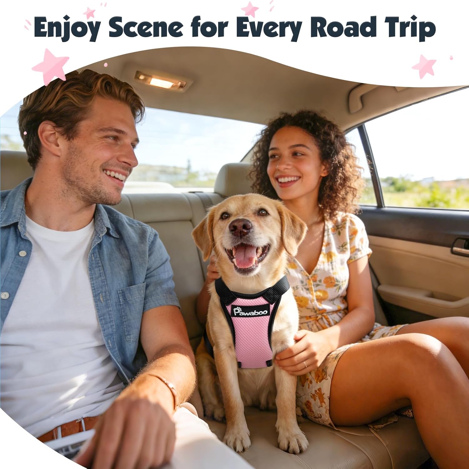 Thumbnail 1 de Pawaboo Dog Seat Belt Harness (Pink & Black) with Double Clips, Elastic Bungee and Adjustable Vest