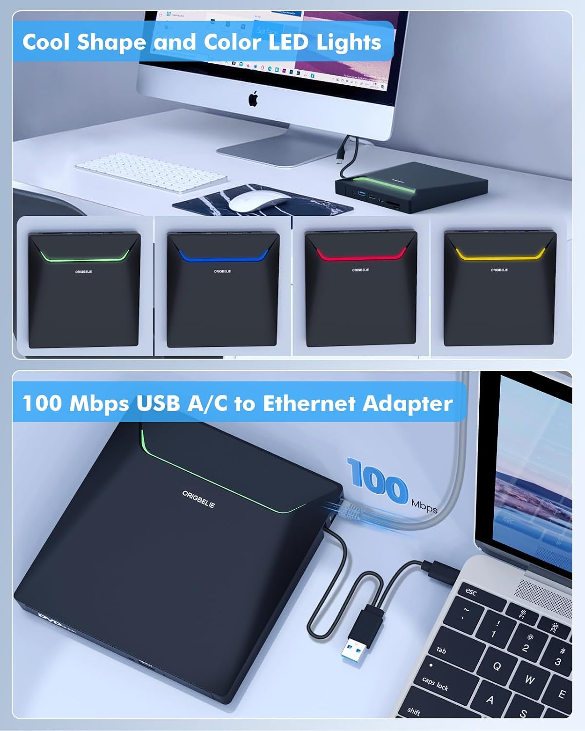 Thumbnail 4 de ORIGBELIE Neuestes Externes DVD-Laufwerk (USB 3.0) mit RJ45-Ethernet-Adapter und Kartenanschlüssen