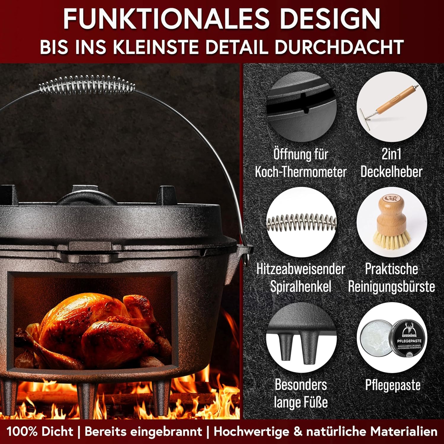 Detalle de GUSSKÖNIG Dutch Oven Set 12 L – sofort einsatzbereit, 2in1 Deckelheber & Zubehör