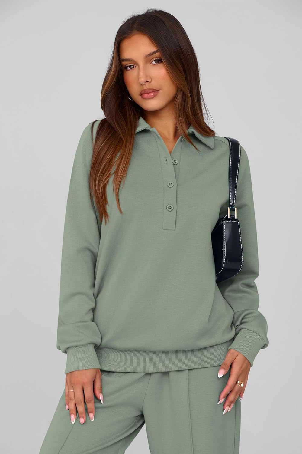 Thumbnail 4 de PRETTYGARDEN Women Fall 2 Piece Outfits: Quarter Button Sweatshirt + Wide Leg Pants Travel Lounge Set