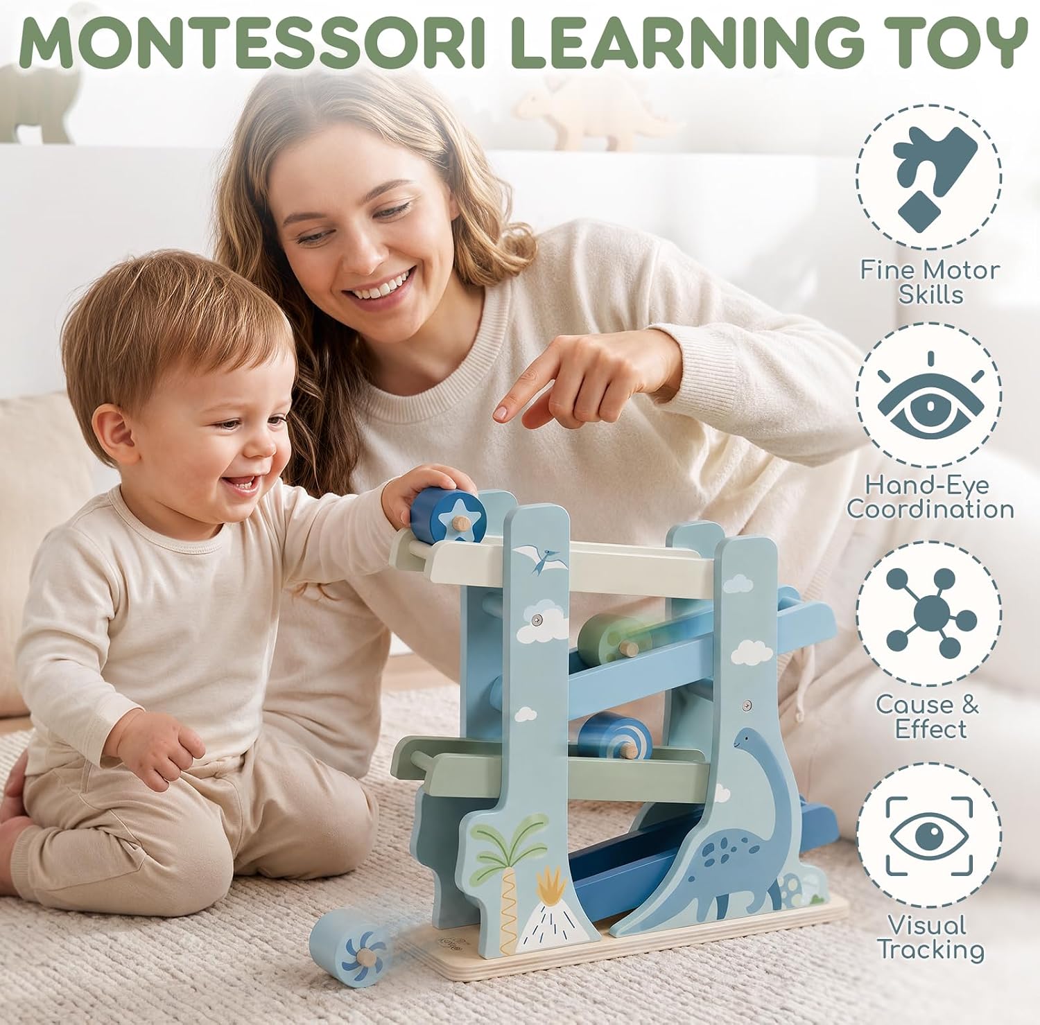 Detalle 2 de Lehoo Castle Wooden Dinosaur Ramp Toy with 4 Rollers
