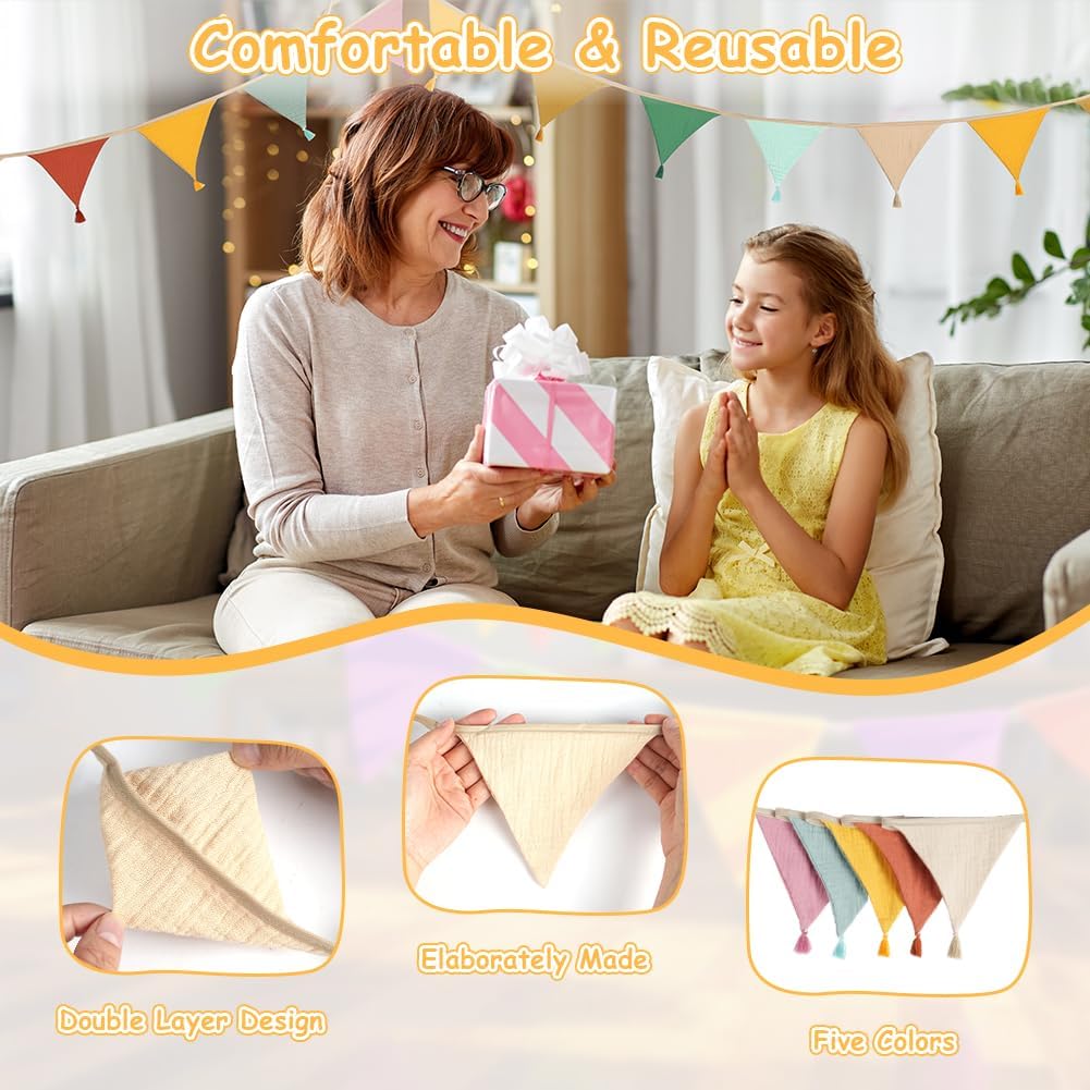 Detalle de Alaoo Fabric Triangle Bunting Banner (double-sided cotton, tassels) for birthdays, weddings & baby showers