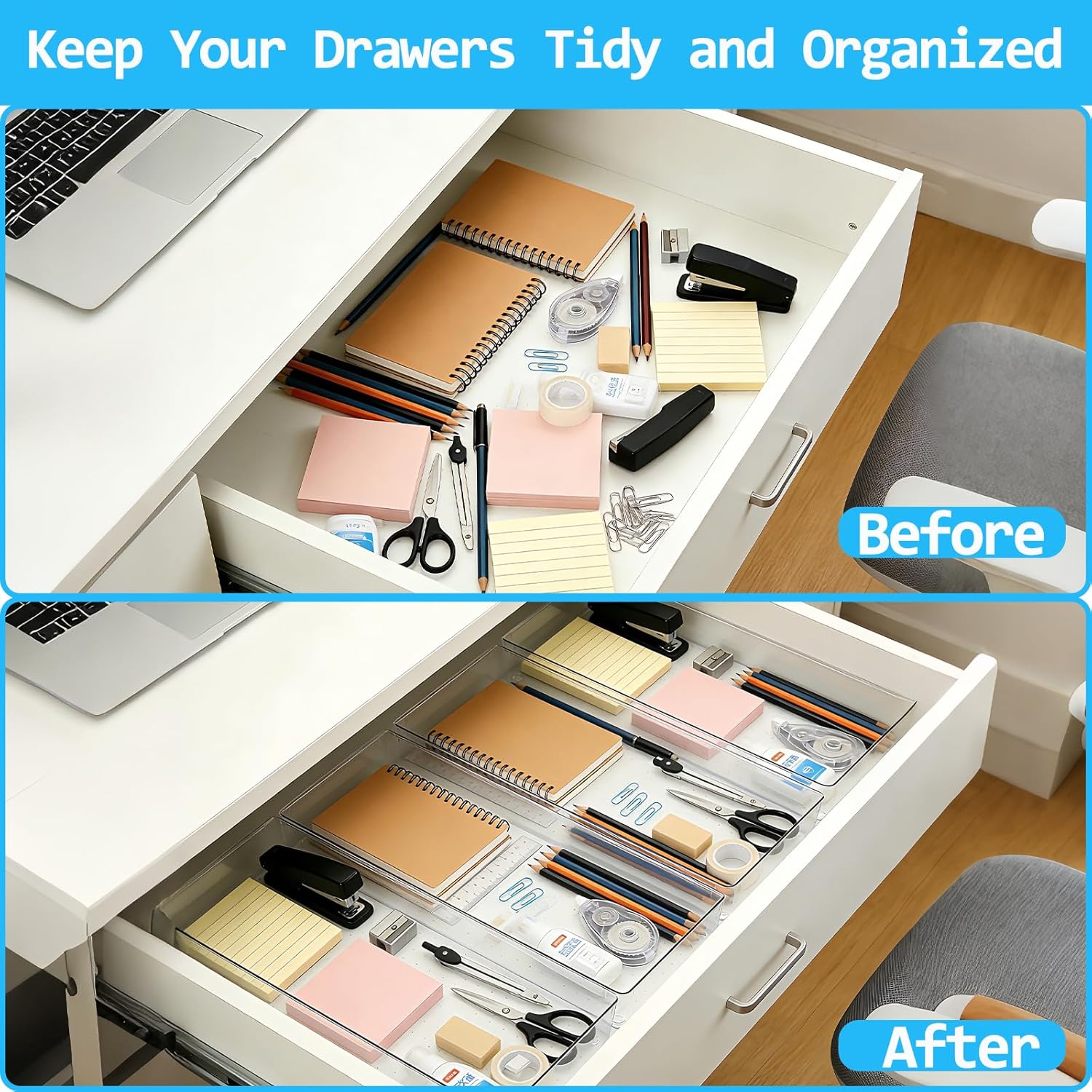 Detalle de Manalete 4 Pack 15" x 6" Extra Large Clear Plastic Drawer Organizer Trays