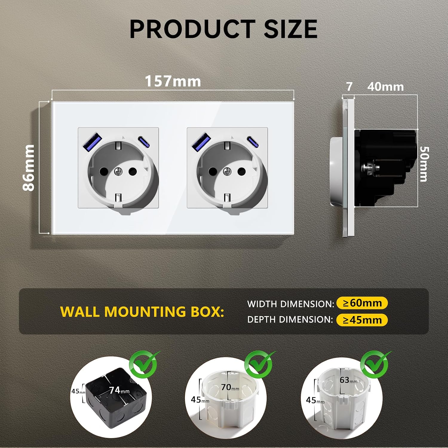 Thumbnail 1 de BSEEDLIFE Schuko-Steckdose mit USB-C 20W PD & USB-A 2-fach im Glasrahmen – Unterputz, Typ F, Erdung, 86 × 157 mm