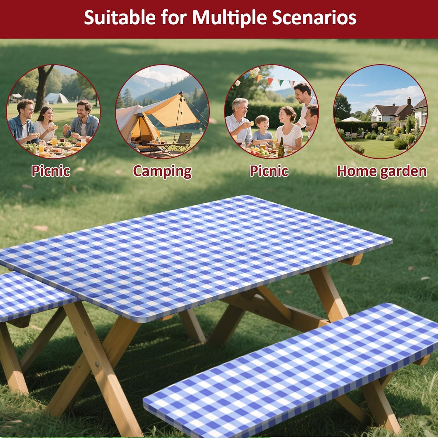Thumbnail 6 de KENOBEE 6ft Picnic Table and Bench Cover Set, 3-Piece Blue-White Checkered