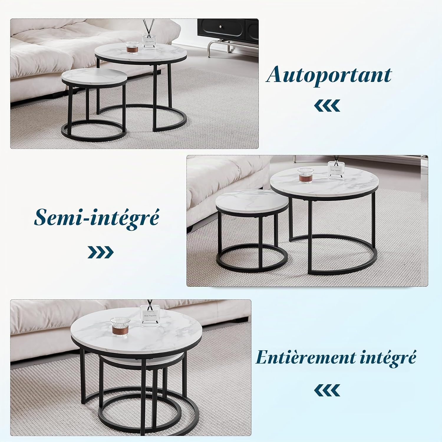 Detalle 1 de HJhomeheart set van 2 ronde bijzettafels, zwart-wit met marmerlook
