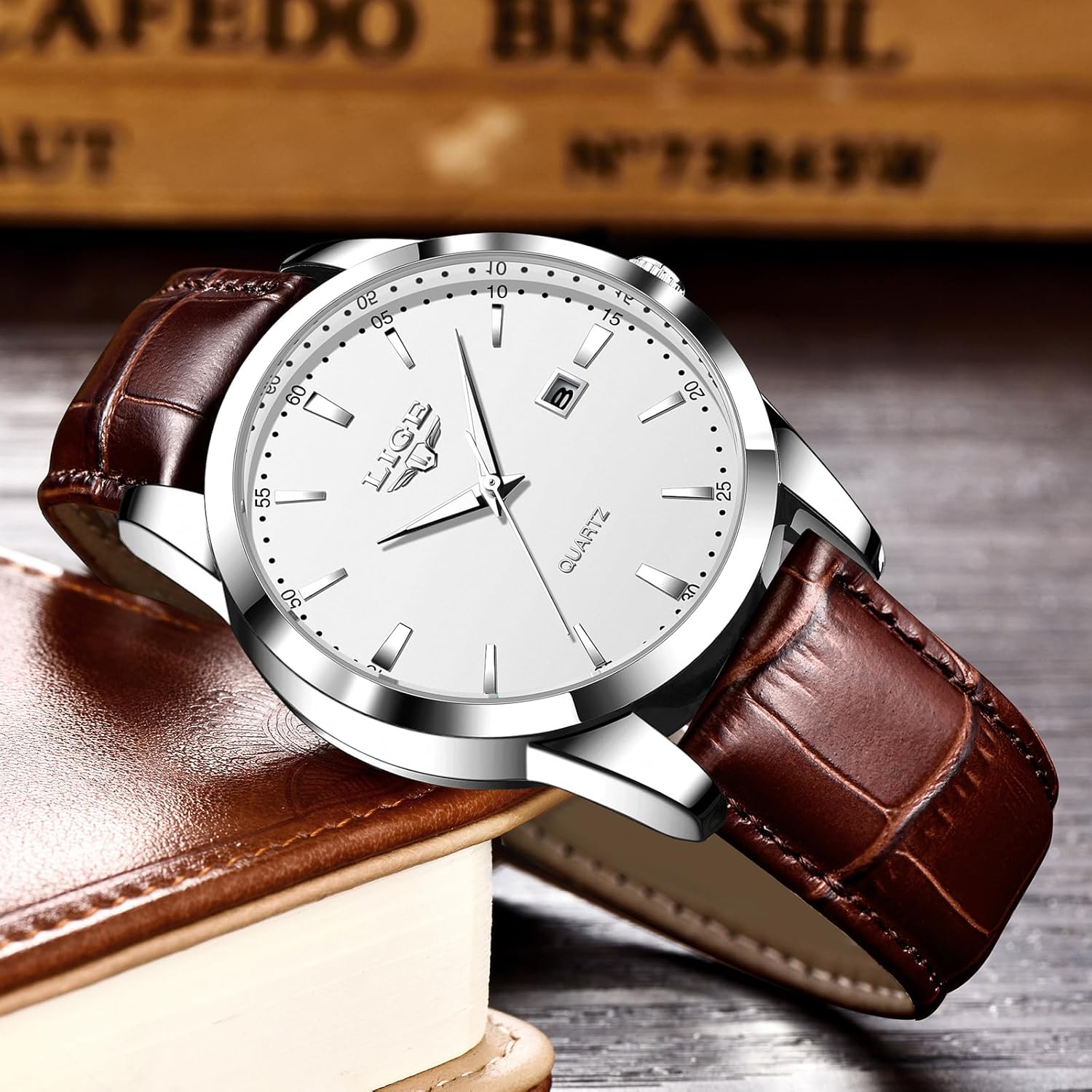 Thumbnail 4 de LIGE Herren Quarzuhr wasserdicht mit Datum, Edelstahlgehäuse und Lederarmband