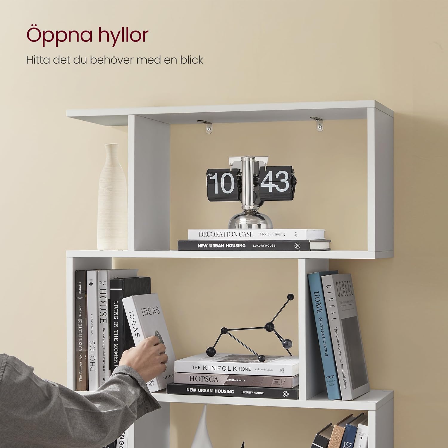 Detalle de VASAGLE LBC61WT bokhylla med 6 hyllplan, S-formad, vit, 24 × 70 × 190,5 cm