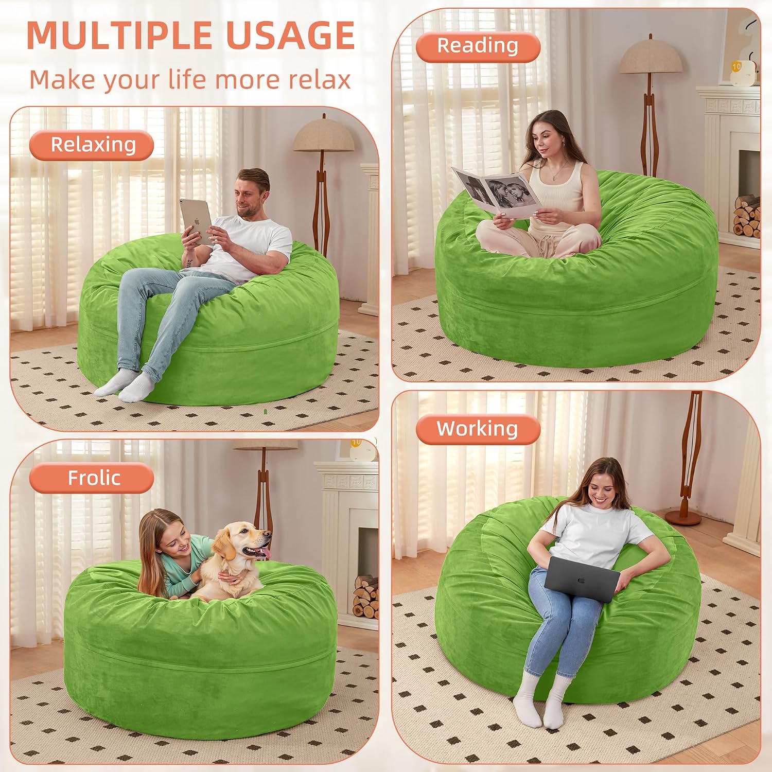 Detalle 1 de HABUTWAY 62-043-Green 3FT Bean Bag Chair, Velvet Cover, Foam-Filled