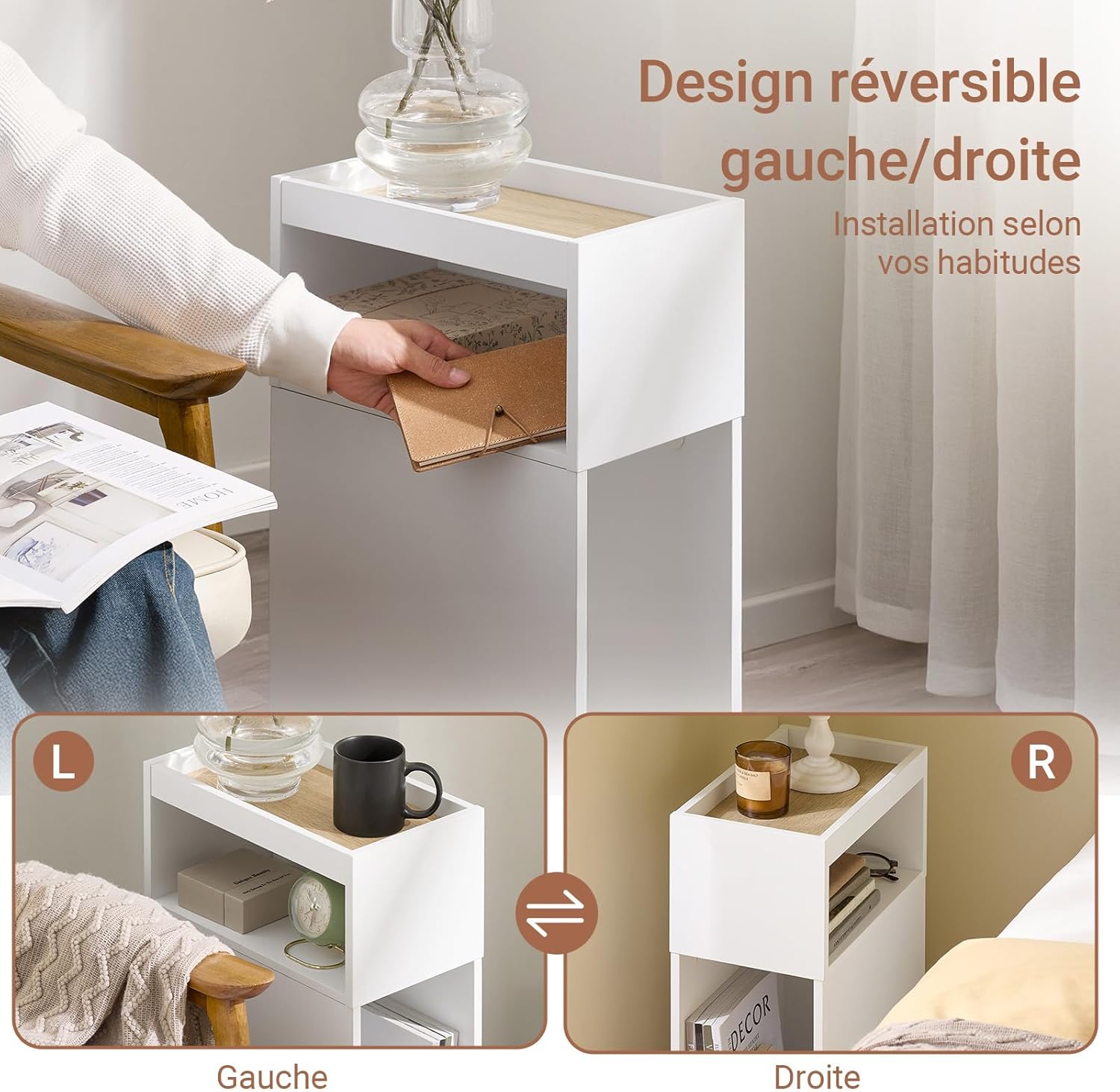 Detalle de SoBuy Lot de 2 Tables de Chevet étroites 20 cm – Chevet avec tiroir réversible et encoche pour plinthe, blanc 20 x 35 x 60 cm, FBT171-WNx2