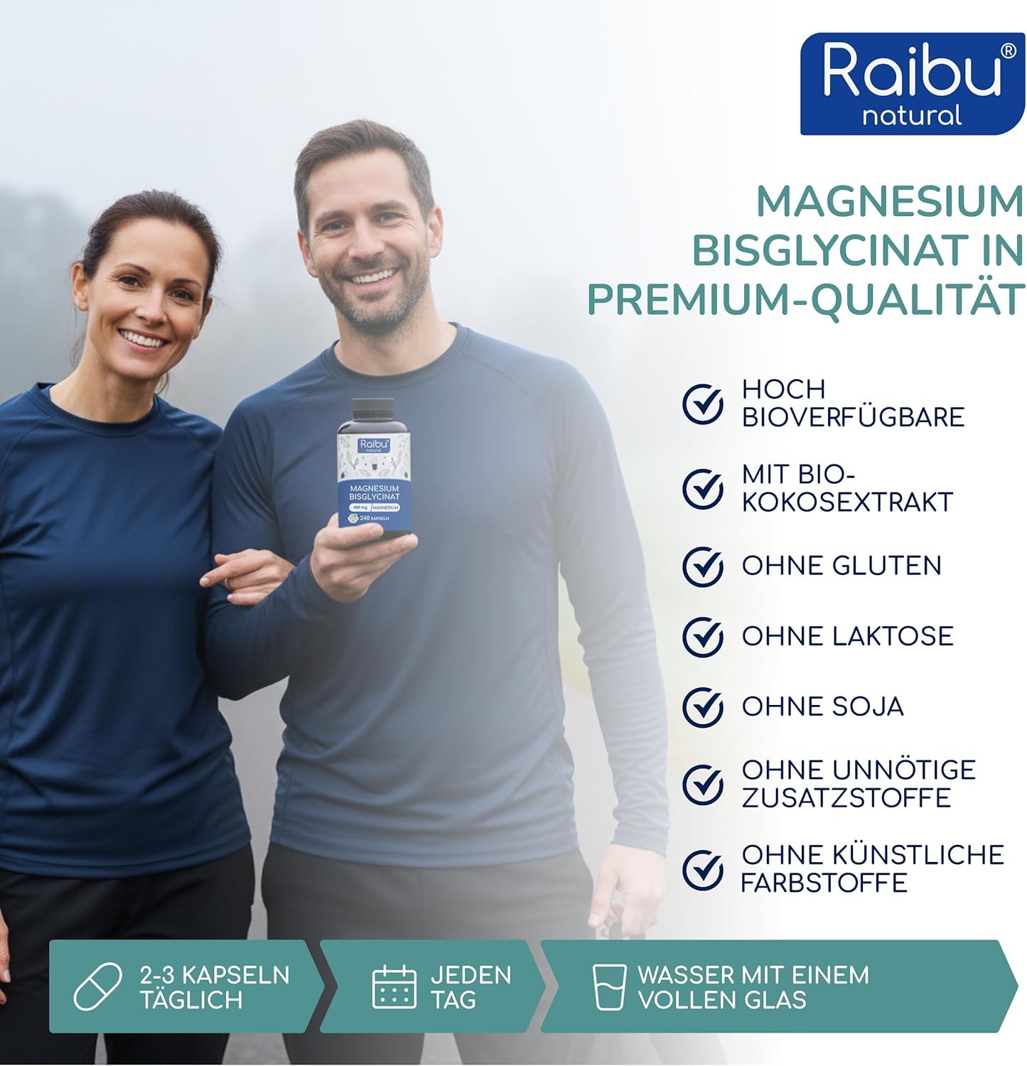 Thumbnail 4 de RAIBU Magnesiumbisglycinat Kapseln – 450 mg Magnesiumelementar pro Tag, 240 Kapseln
