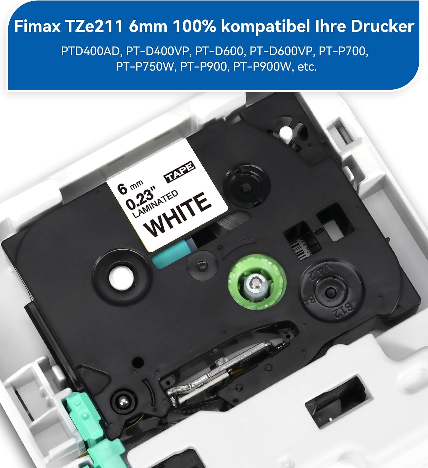 Detalle 2 de Fimax TZe 6mm TZ211 Ersatzband Schwarz auf Weiß