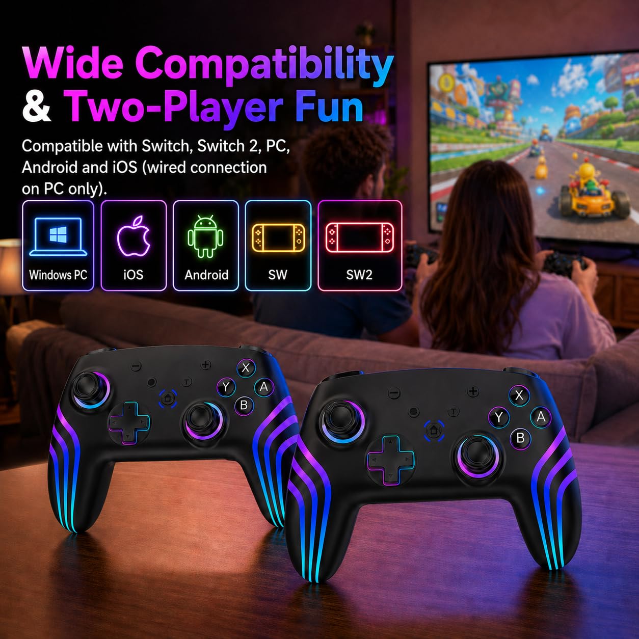 Thumbnail 6 de Riscvma 2er Wireless-Controller Set für Switch/Switch 2/Switch Lite/OLED/PC – RGB, Dual-Vibration, 6-Achs-Gyro & Turbo