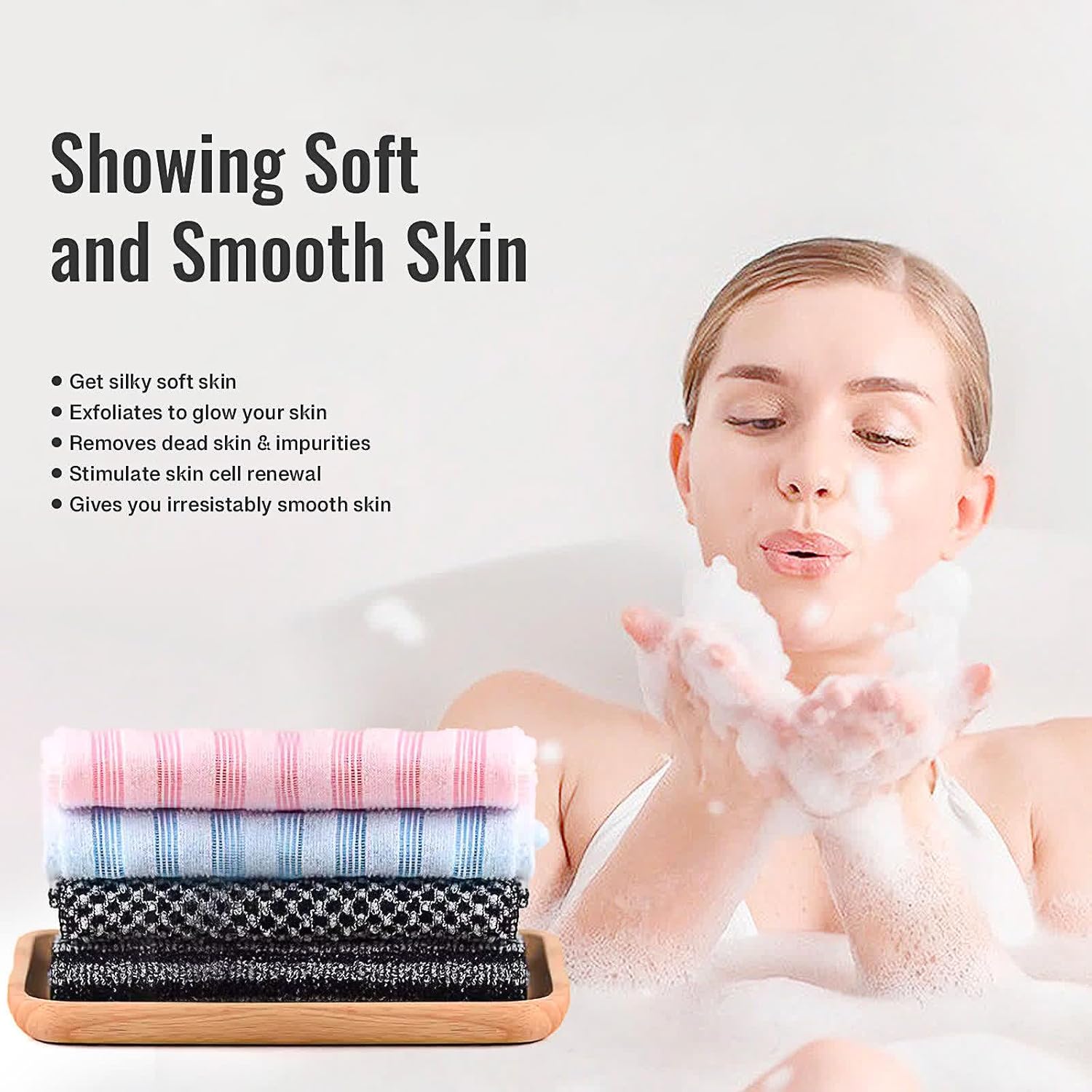 Detalle de ANWEIXUE 2 Pcs Japanese Exfoliating Shower Towel – Antibacterial Treated Fabric, Black & Pink