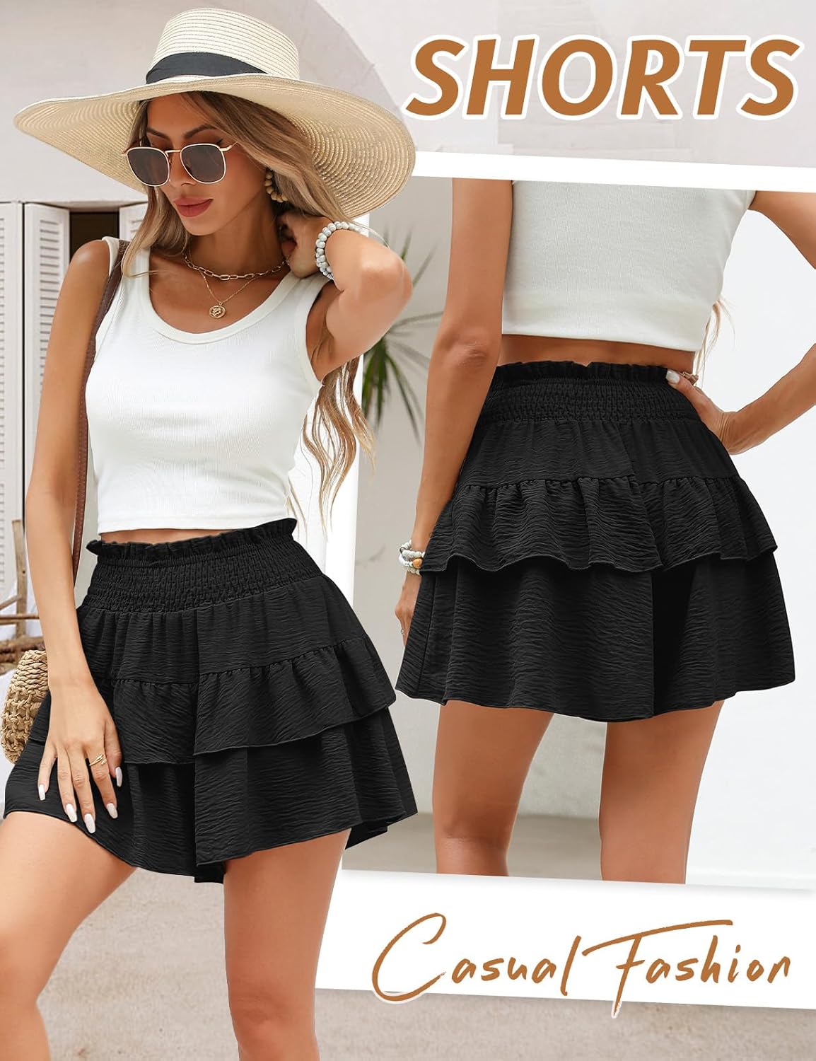 Detalle de PASUDA Jupe Short Femme Été Chic & Confortable - Taille Haute à Volants