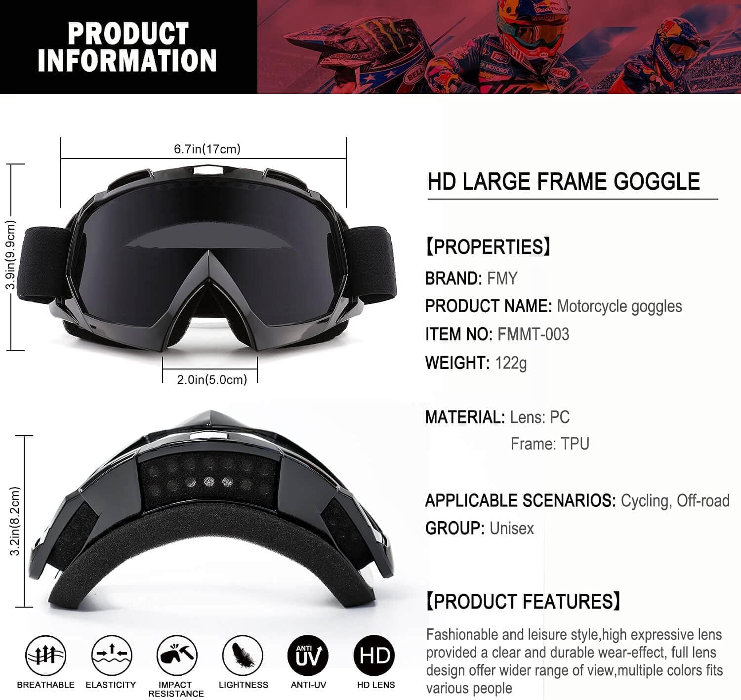 Detalle de FMY Motorcycle Motocross Goggles for Men, Women & Youth – UV400 Anti-Scratch, Anti-Fog, Airflow Comfort
