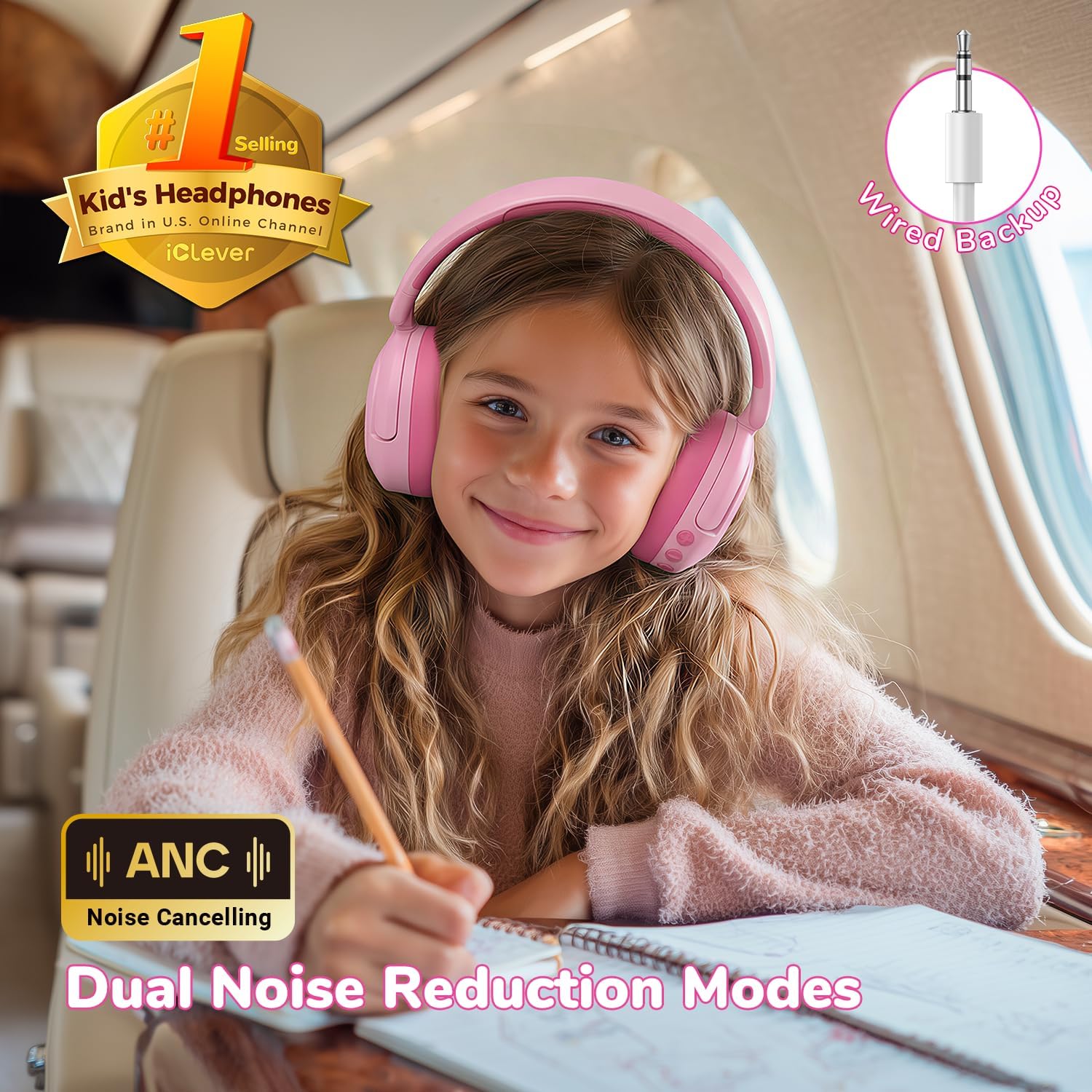 Detalle de iClever Noise Cancelling Kinder-Kopfhörer per Bluetooth 5.4 mit 60 Std. Spielzeit und 80 dBA Lautstärkelimit