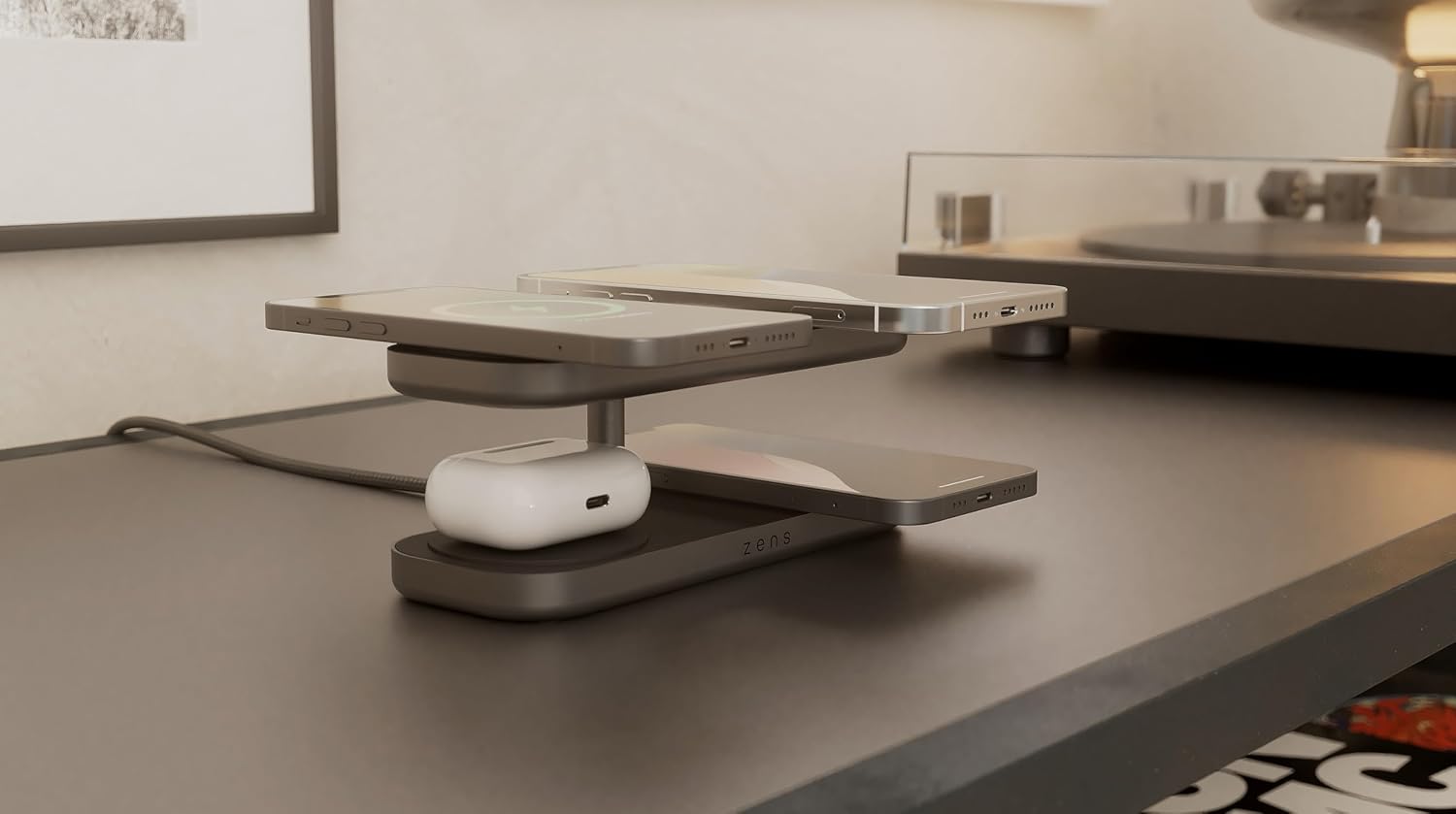 Detalle 2 de Zens Quattro Wireless Charger Pro 4: hub di ricarica MagSafe e Qi2 a 15 W per iPhone, 65 W di alimentazione integrata