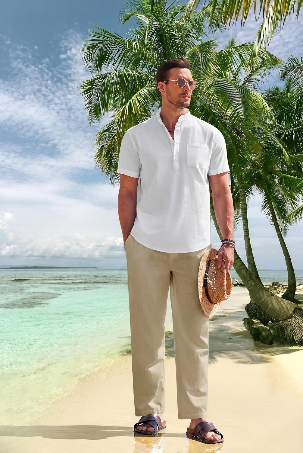 Detalle de COOFANDY Men's 2 Pieces Cotton Linen Set: Casual Henley Shirt + Beach Pants