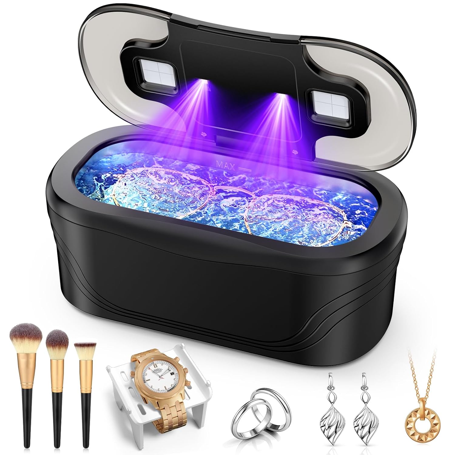 Detalle de Raugbeyvo Ultrasonic Jewelry Cleaner, 48 kHz, 400 mL, 3 Modes, Black