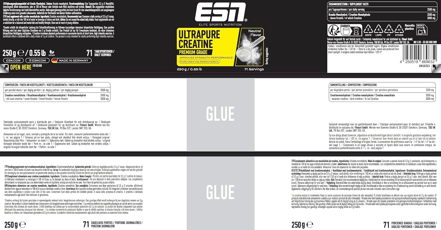 Detalle 2 de ESN Ultrapure Creatine Monohydrate 250 g – creatina monoidrato microfine, solubile e vegana, made in Germany