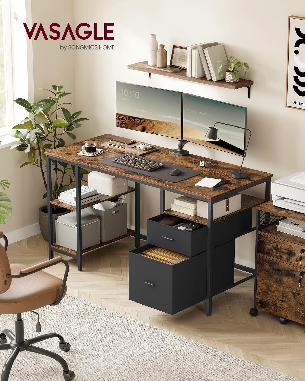 Thumbnail 1 de VASAGLE LWD104B01: Industrial Rustic Computer Desk with 3 Shelves and 2 Drawers, 60 x 140 cm