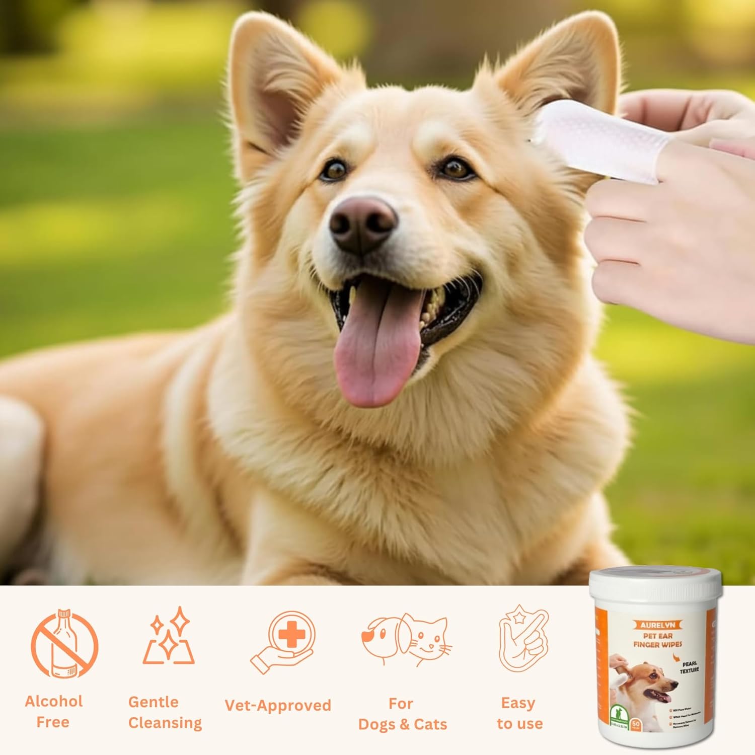 Detalle 2 de Aurelyn Dog Ear Cleaner – 100 Pre‑moistened Wipes for Dogs & Cats