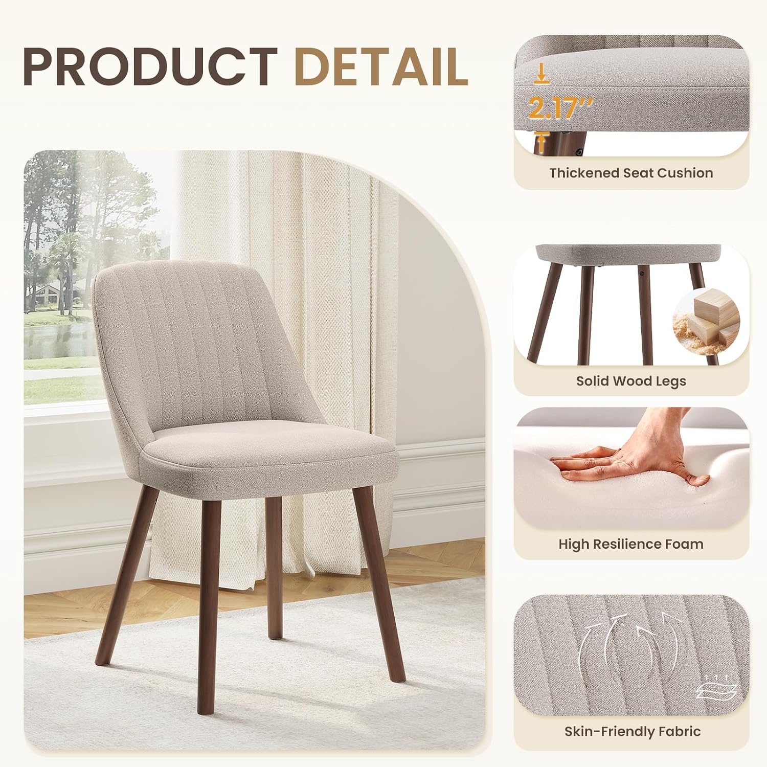 Detalle 2 de MALOL VC-DCW21-CAM-FB Dining Chairs, Set of 2, Camel Fabric and Rubberwood