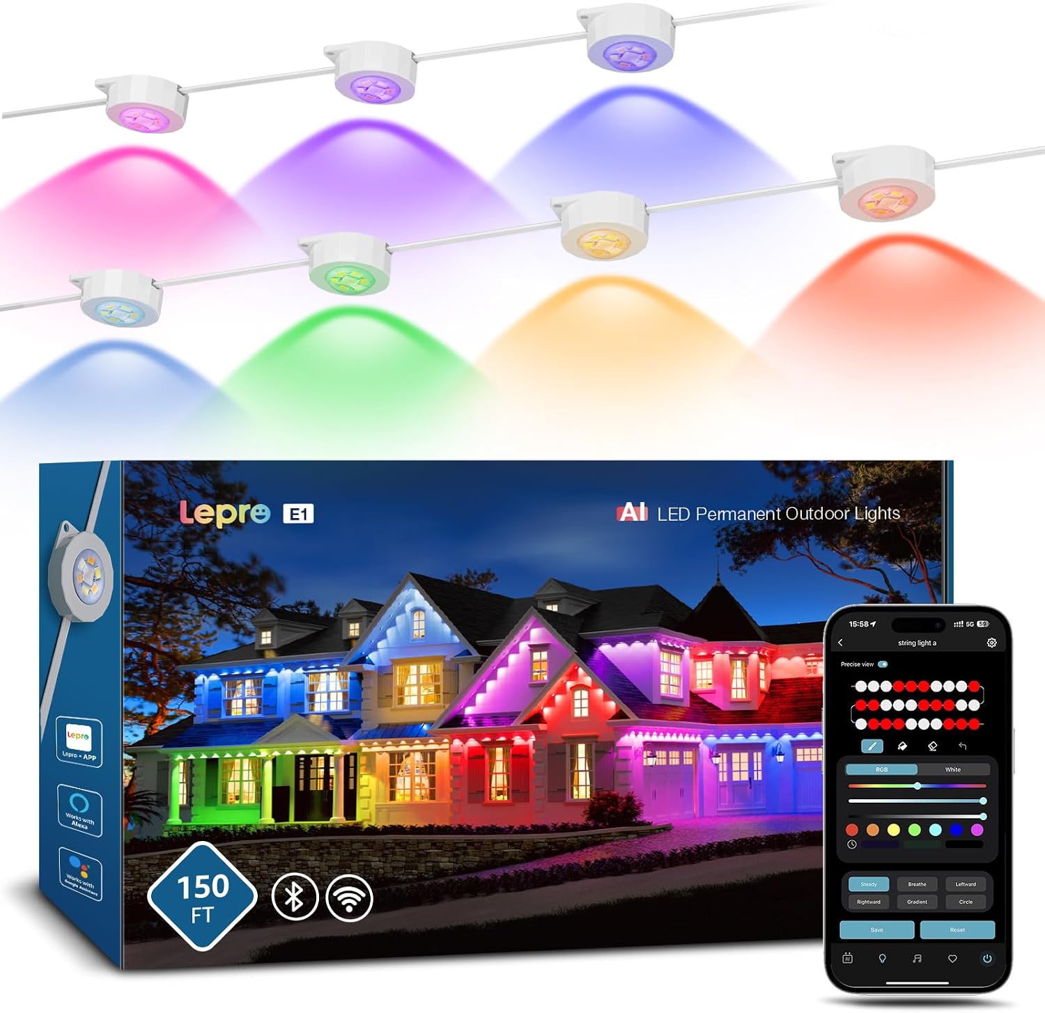 Detalle de Lepro E1-90 Permanent Outdoor Lights, 150-Foot RGBIC, Tunable White, 90 LEDs
