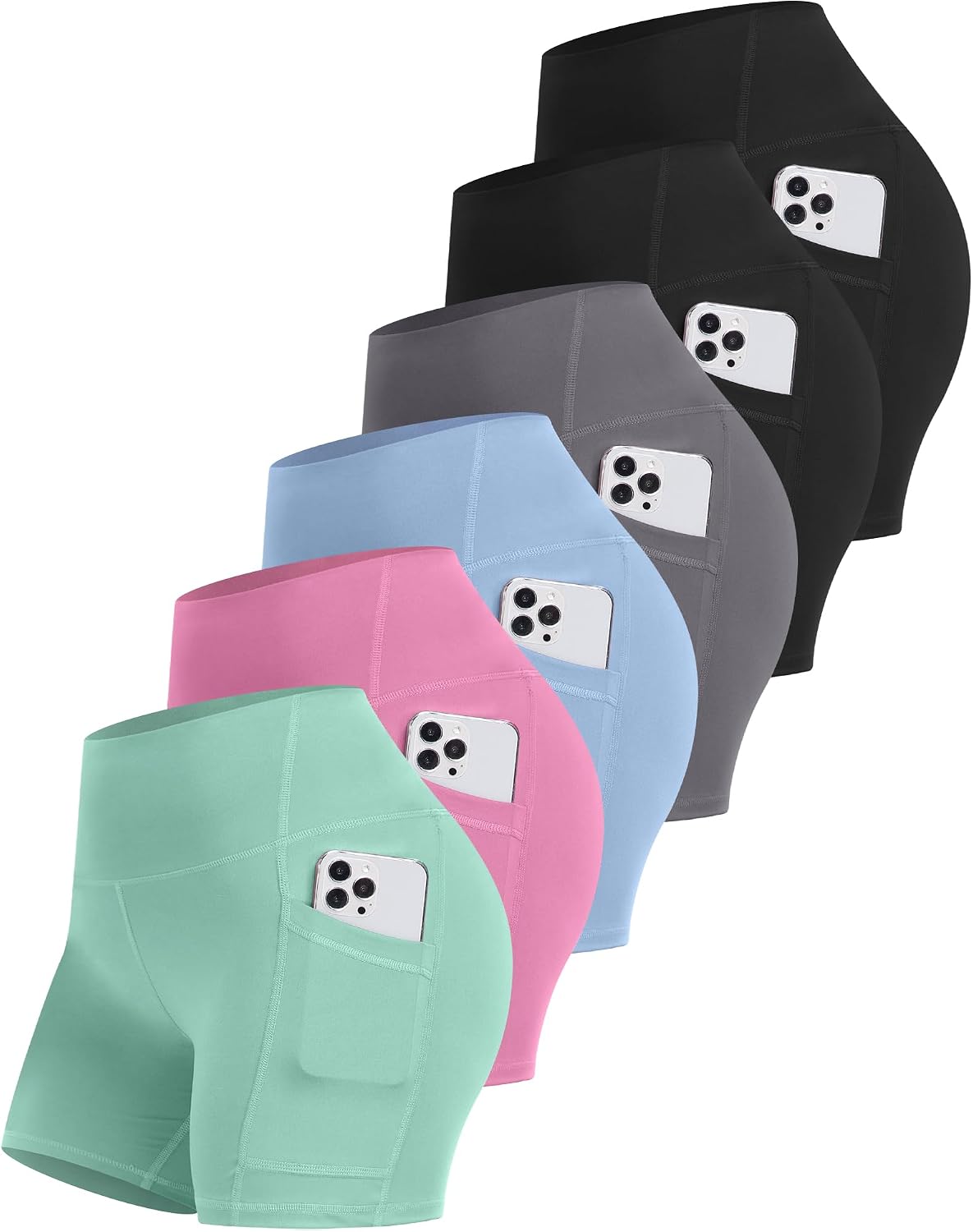 Thumbnail 6 de CHRLEISURE Women's 6-Pack Biker Shorts with Pocket, 5-Inch High-Waisted Tummy Control Spandex Yoga Workout Shorts