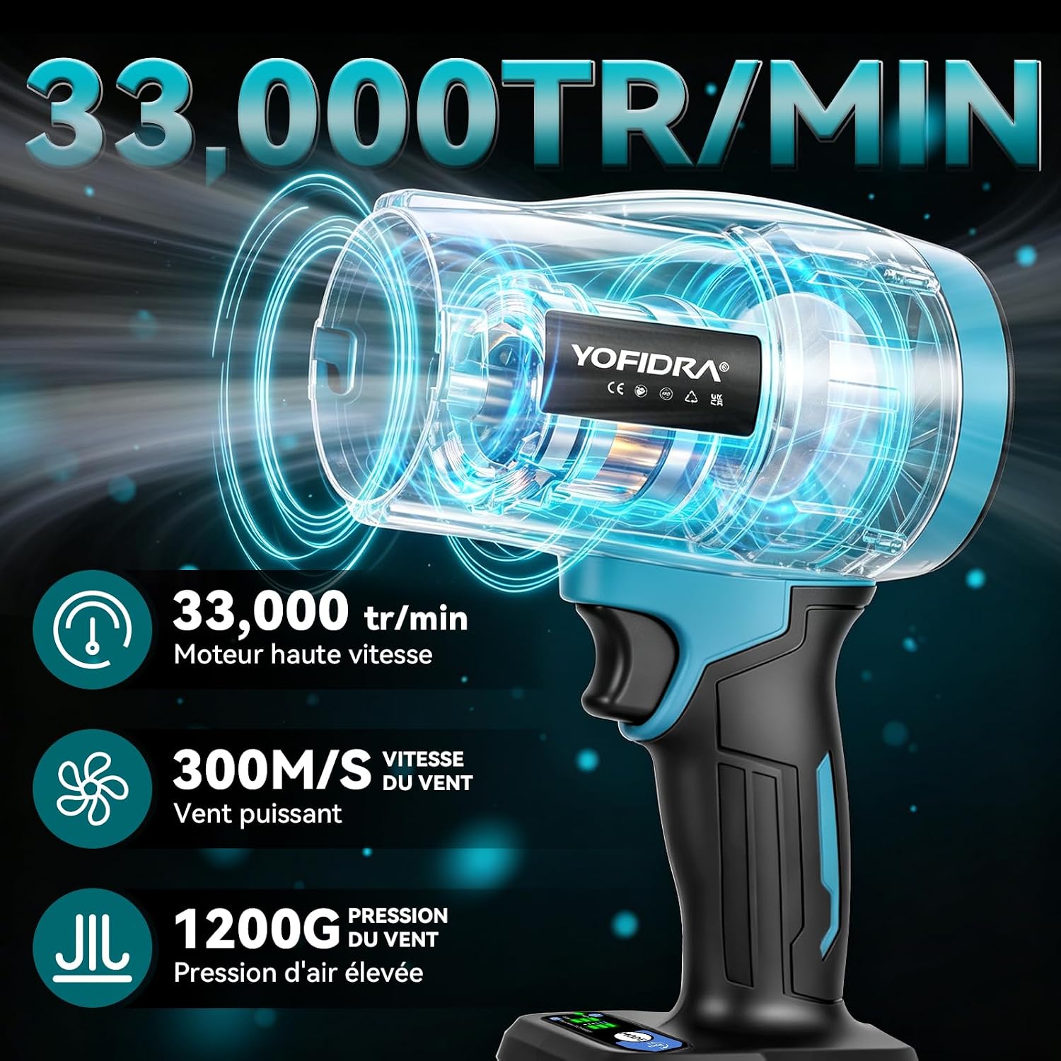 Detalle de Yofidra sku4G6424Y draadloze bladblazer, 300 m/s, 3 snelheden en 4 opzetstukken