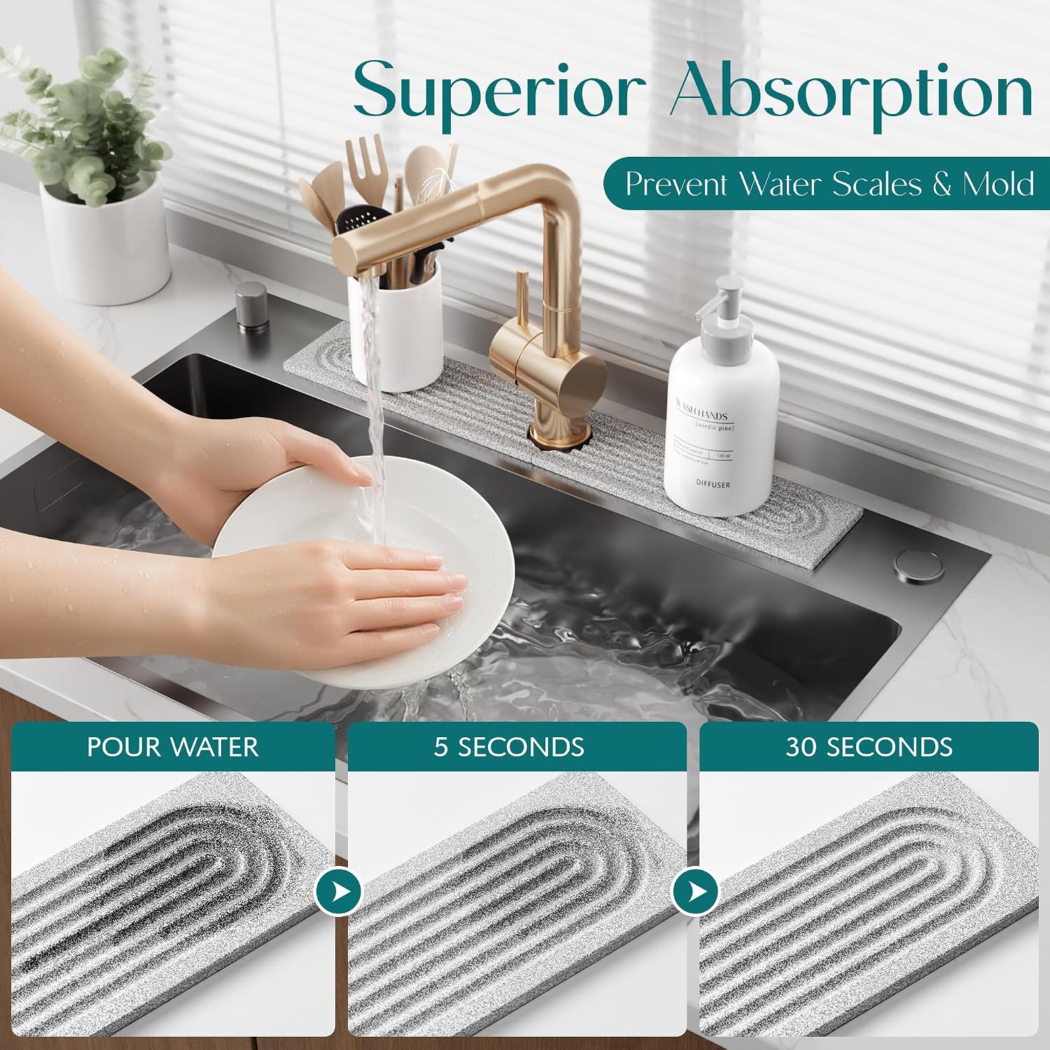 Detalle 2 de eormoe EOR-SQ-S-23.6X3.9IN Diatomite Sink Faucet Mat, Dishwasher-Safe