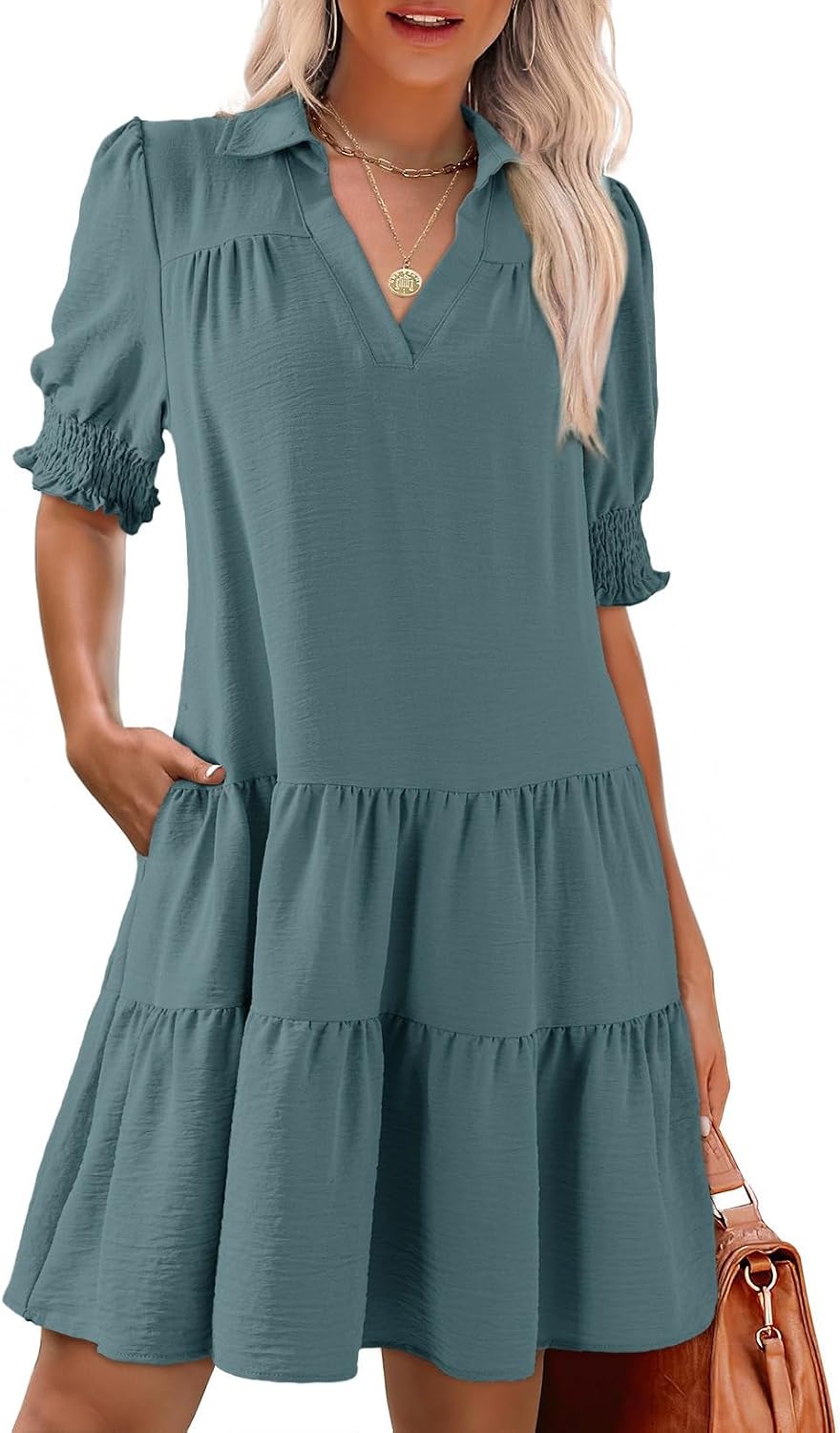 Thumbnail 1 de Dokotoo Casual Dresses for Women: Lapel Collared V Neck Mid Sleeve Pleated Midi Dress