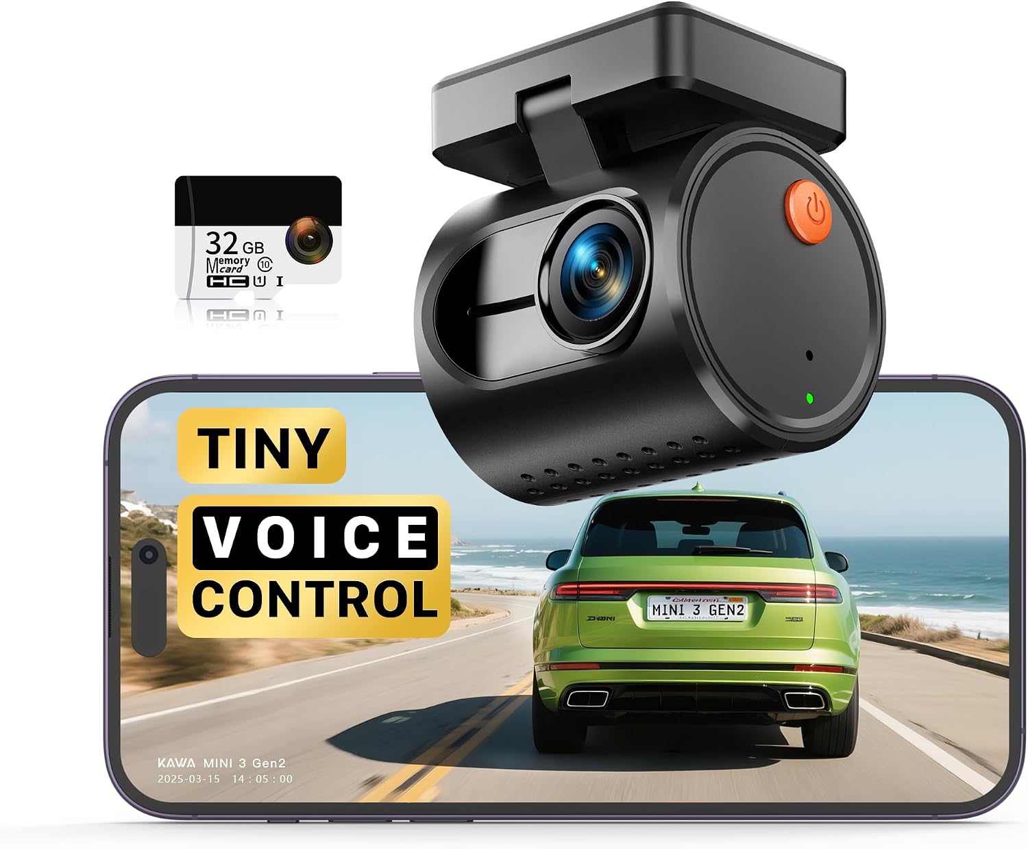 Detalle de KAWA CJ5512 Tiny Dash Cam, 1296P Recording, Wi-Fi and Voice Control
