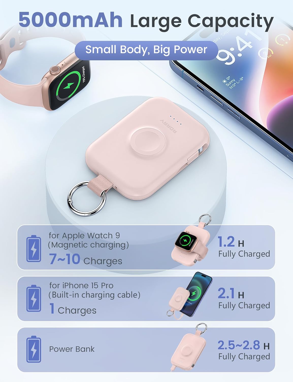 Thumbnail 2 de RORRY Portable Charger 5000mAh Power Bank with Built-in Cables (Pink) for iPhone & Apple Watch