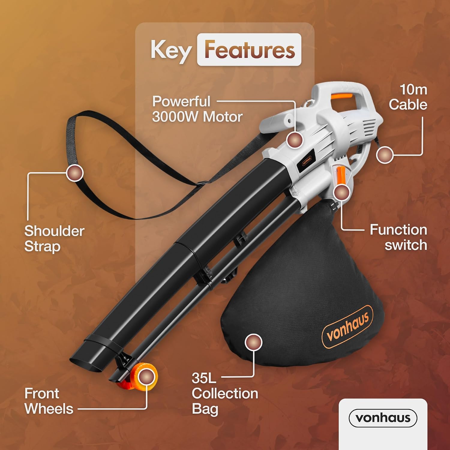 Thumbnail 6 de VonHaus Leaf Blower and Vacuum Corded 3000W with 35L Bag, 10m Cable and Wheels