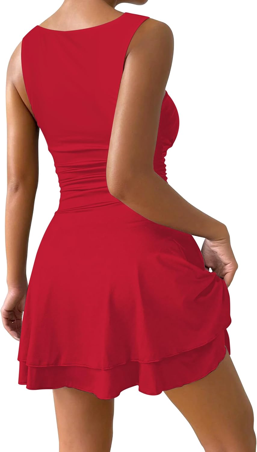 Detalle de IWD Women's Square Neck Sleeveless Mini Dress with Ruched Waist and Tiered Ruffle Hem
