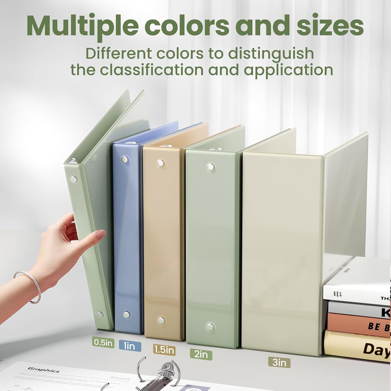 Detalle de SUNEE 1-Inch 3-Ring Binder, PVC-Free Clear View, Sage Green, Letter Size
