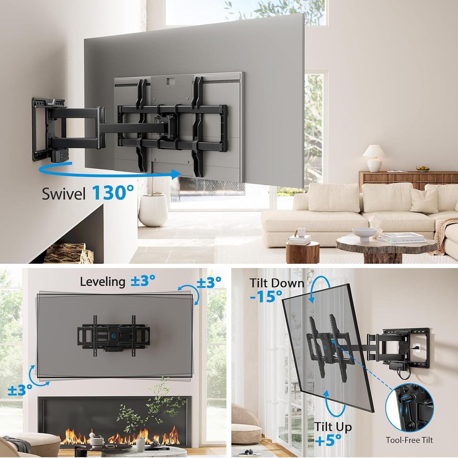 Detalle 2 de Pipishell PILF19 Full Motion TV Wall Mount with Power Strip, 42–90-Inch TVs