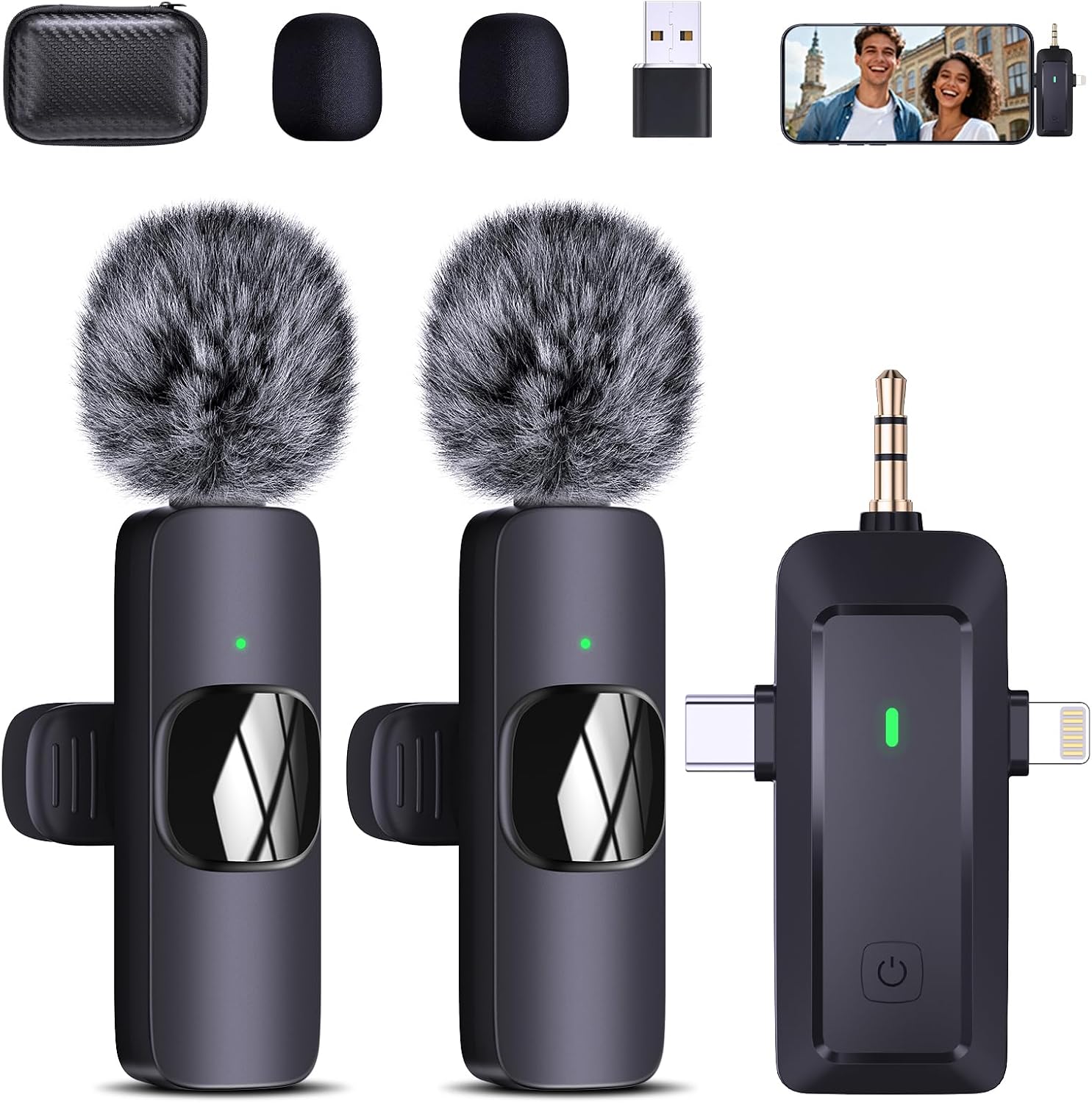 Detalle de QINOJA Wireless Lavalier Mikrofon 4-in-1 für iPhone, Handy, Kamera und Computer – kabelloses Ansteckmikrofon