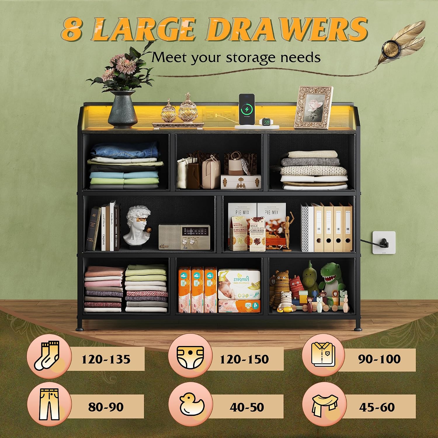 Thumbnail 3 de WLIVE Led Dresser with 8 Fabric Drawers and LED Lights — TV Stand & Storage for Bedroom