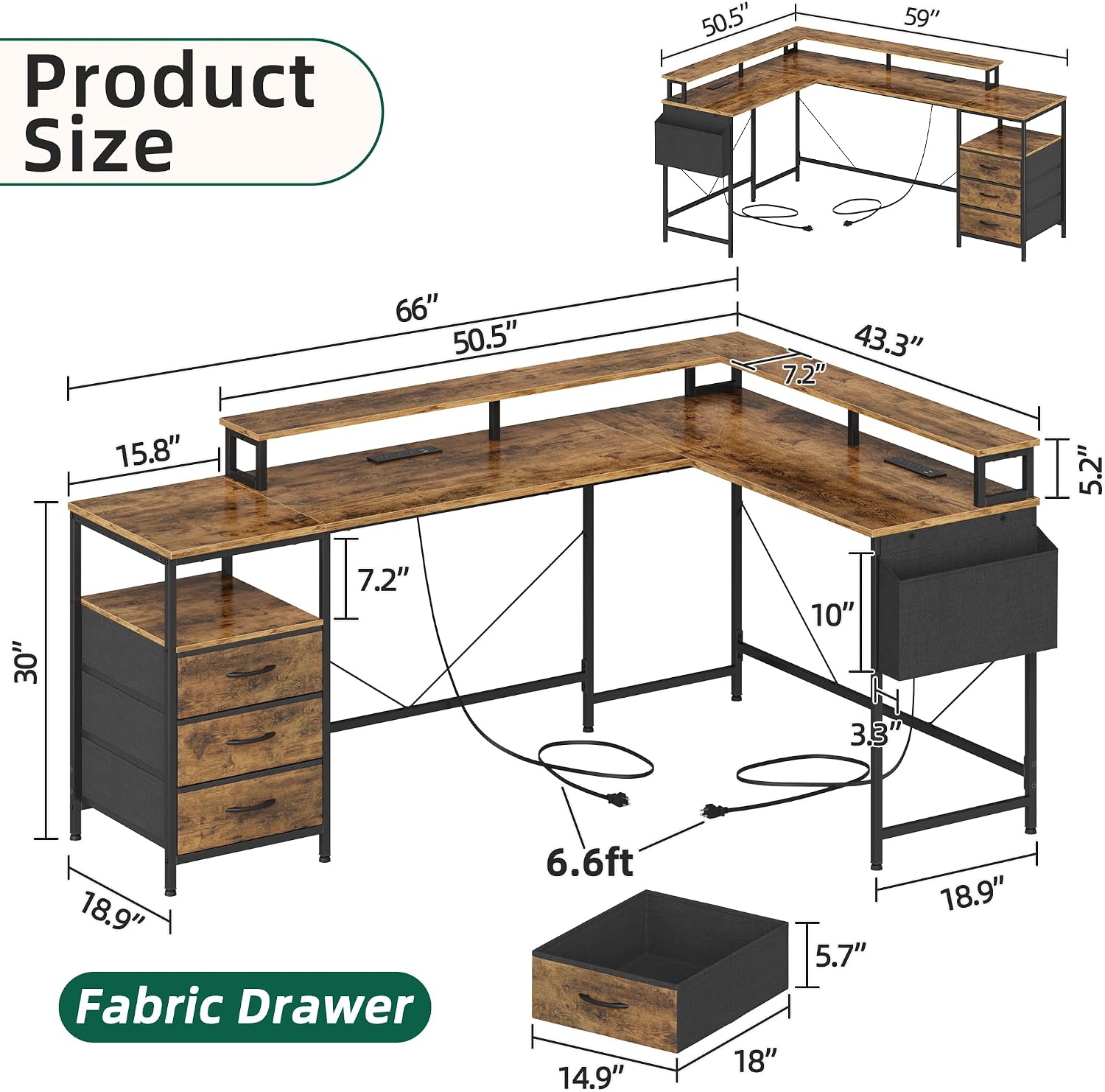 Detalle de GYIIYUO L-Shaped Desk, 66+43.3-Inch, LED, Drawers and Monitor Stands