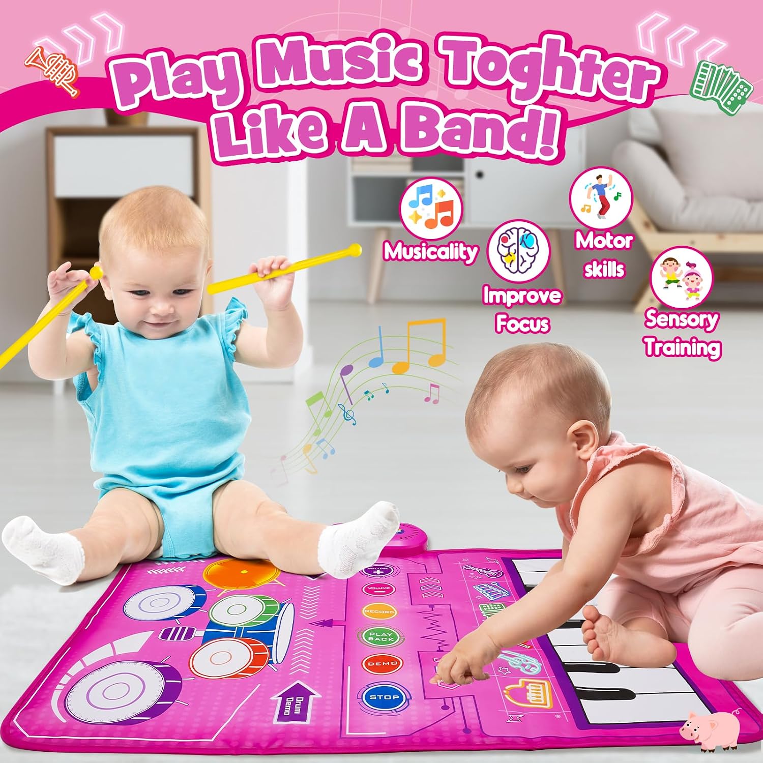 Detalle 2 de Gralal 2-in-1 Pink Musical Mat for 1–2 Year Old Girls: Piano, Drums and Recording in One Playful Mat