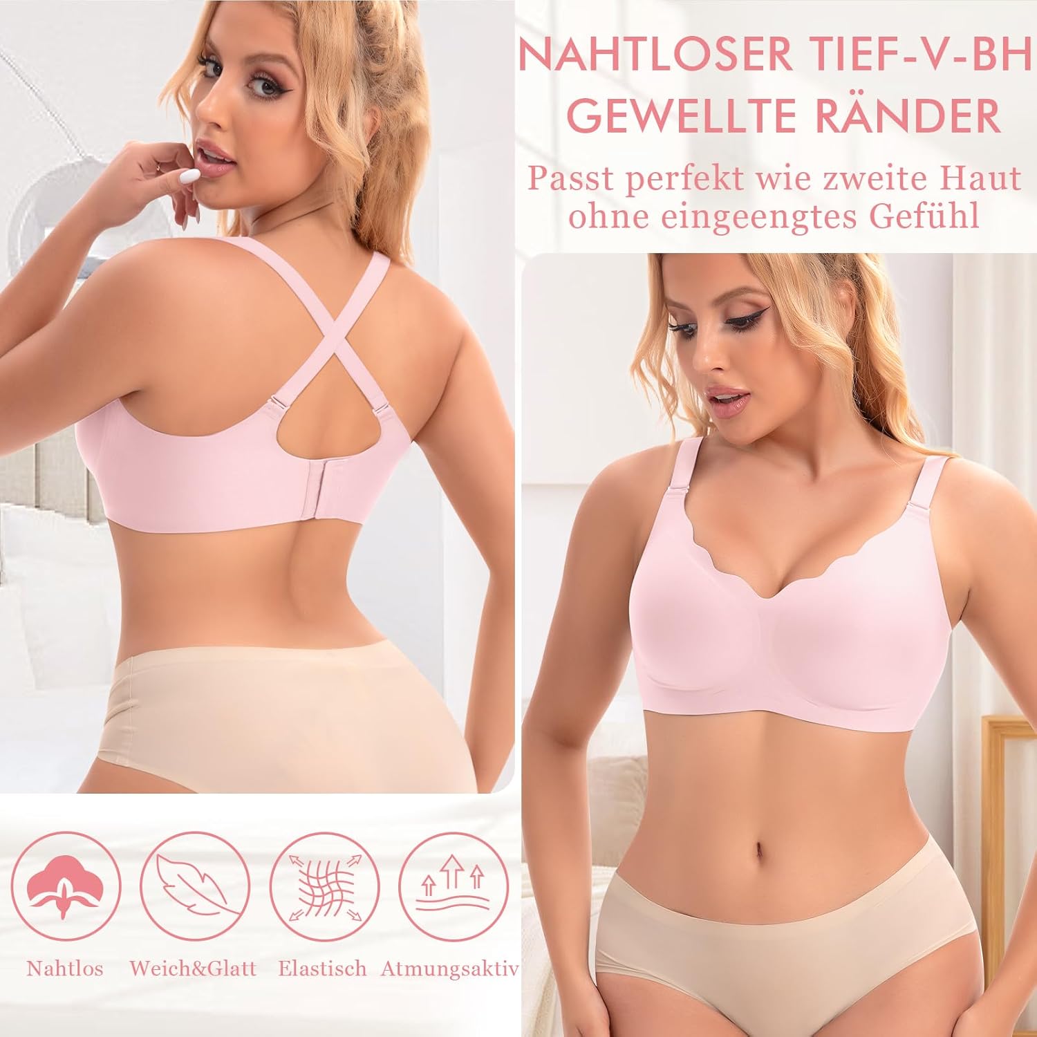 Detalle 2 de Ganado Damen Nahtloser BH Ohne Bügel mit Tiefem V-Ausschnitt – Bralette, Bügellos, Soft