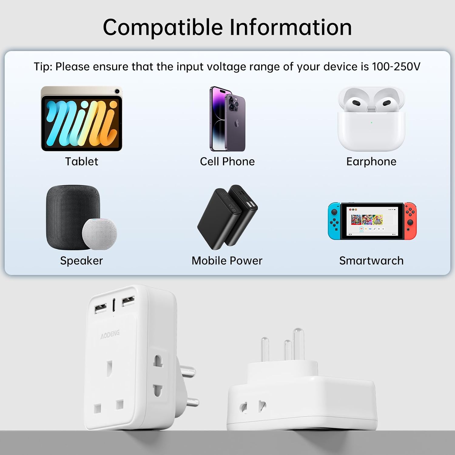Detalle de AODENG UK to India Plug Adapter with 3 USB Ports (Type D) and Grounded Design
