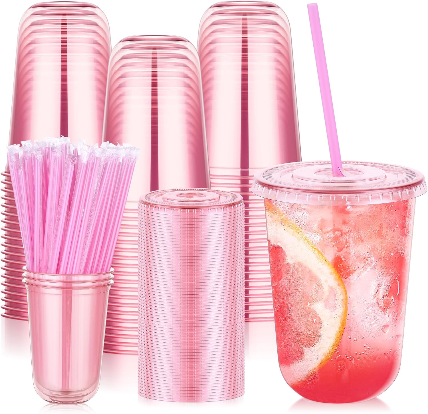 Detalle de KesaPlan 50 Pack 16 oz Pink Plastic Party Cups with Lids and Straws