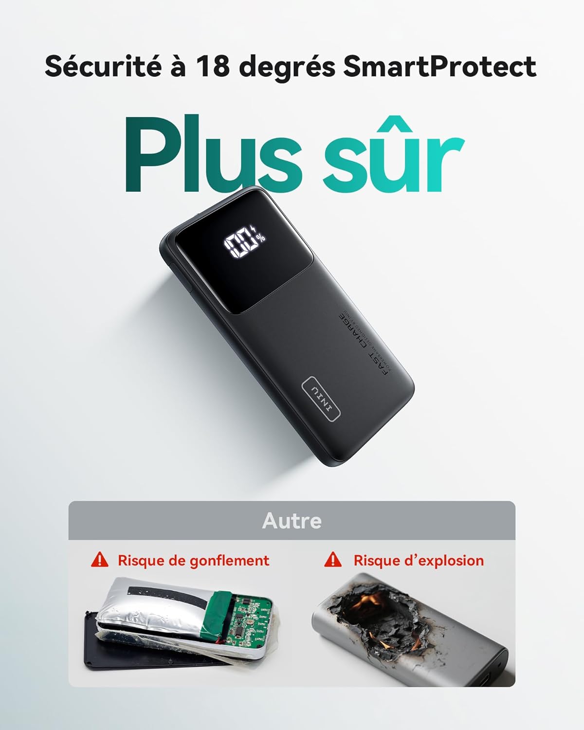 Detalle de INIU Batterie Externe 10000 mAh – Charge Rapide 22,5 W PD3.0 QC4.0, USB‑C Input/Output, Compatible iPhone et iPad