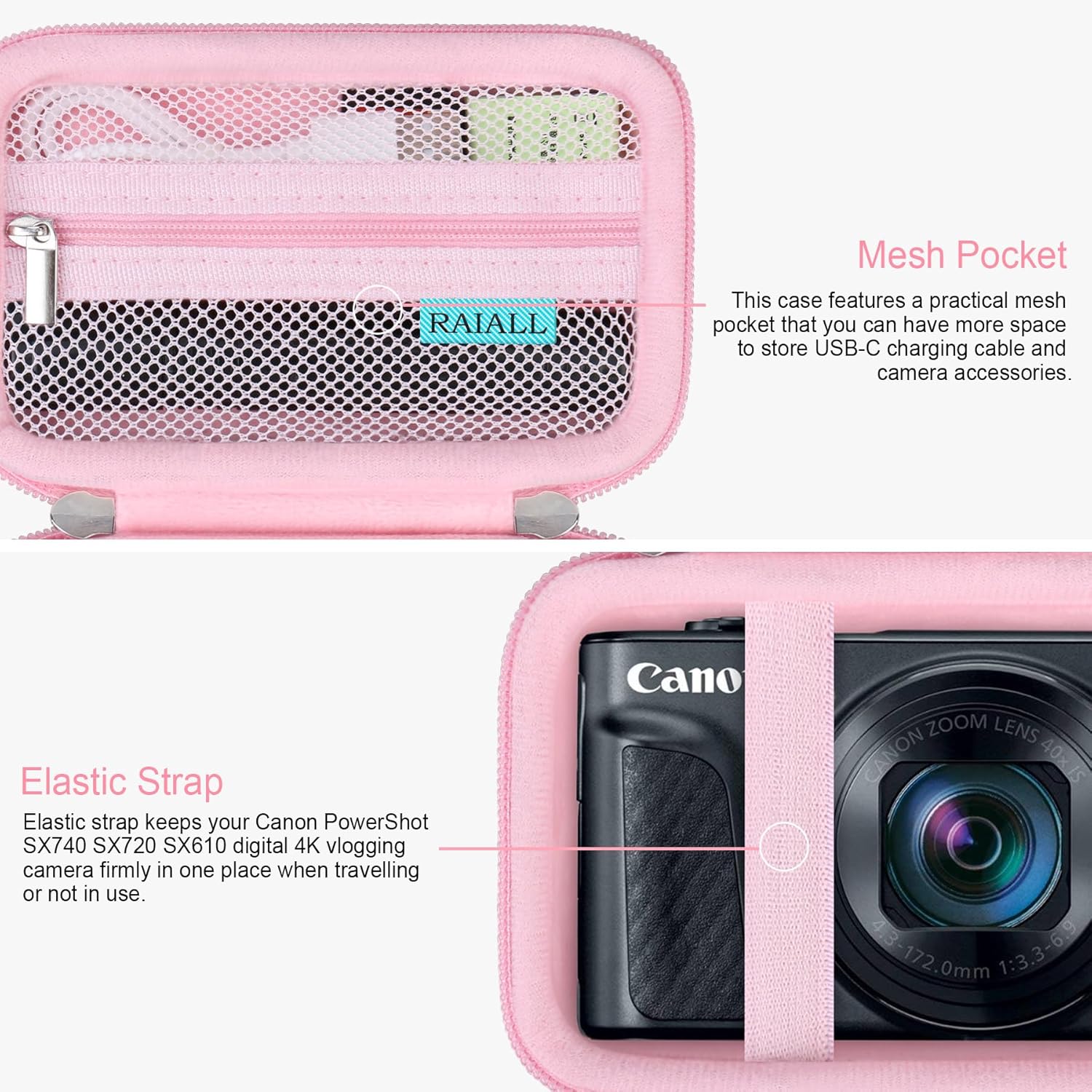 Detalle 2 de RAIALL Camera Case for Canon PowerShot SX740 / SX730 / SX720 / SX610 HS – Hard Shell, Pink